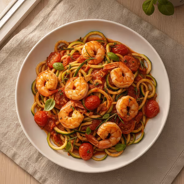 Espaguetis de calabacín con langostinos y salsa de tomate, ya emplatado