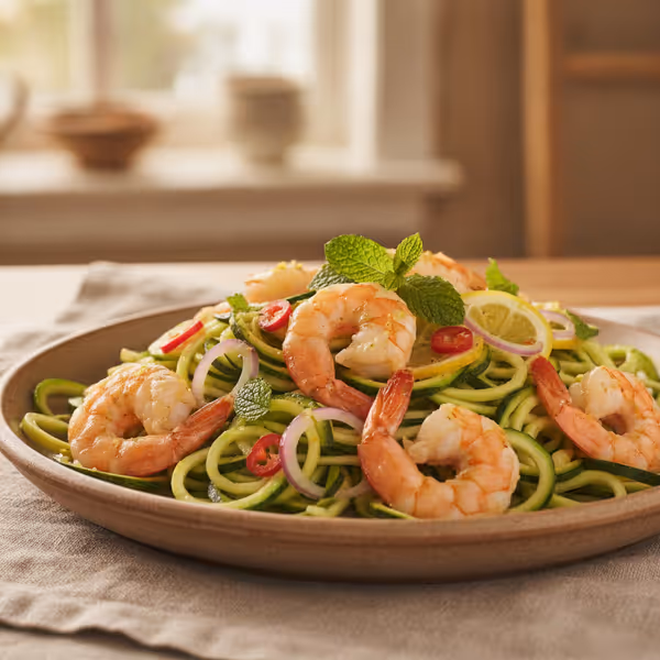Espaguetis de calabacín con langostinos al limón, ya emplatado