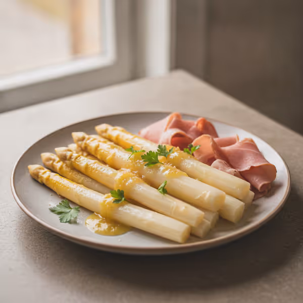 Espárragos blancos con jamón ahumado y aceite de coco, ya emplatado