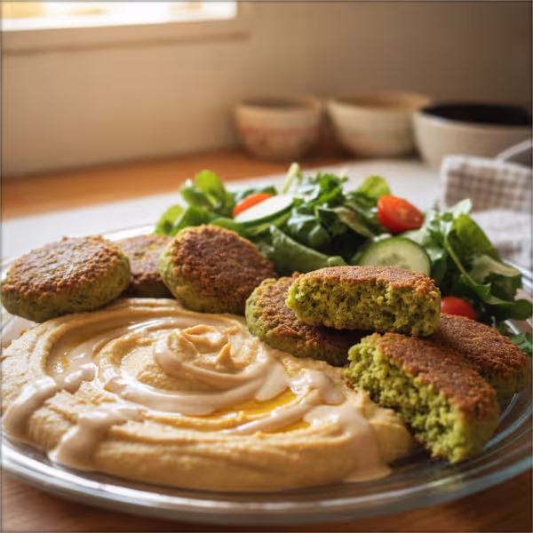 Falafel con hummus, tahini y ensalada, ya emplatado