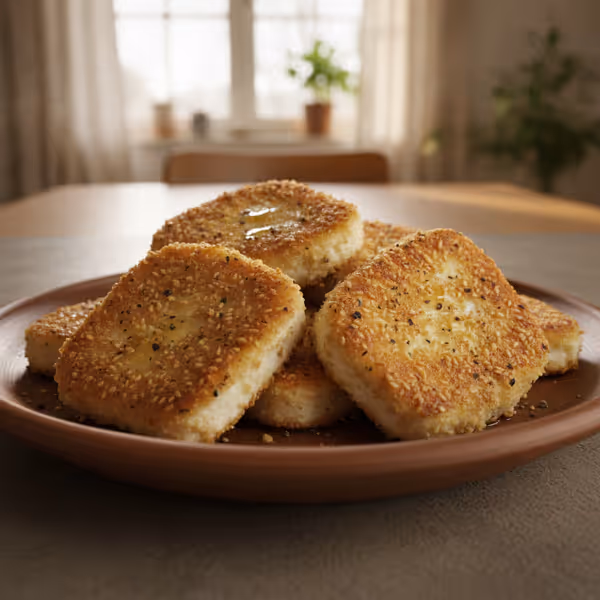 Feta empanado con sésamo y almendras, ya emplatado