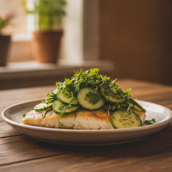 Filete de abadejo con guarnición de pepino y hierbas, ya emplatado