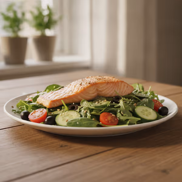 Filete de salmón sobre ensalada, ya emplatado
