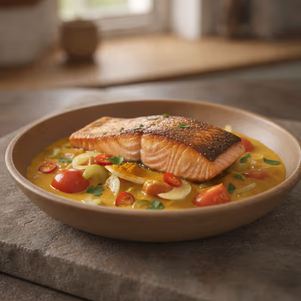 Filete de salmón sobre salsa de curry, ya emplatado