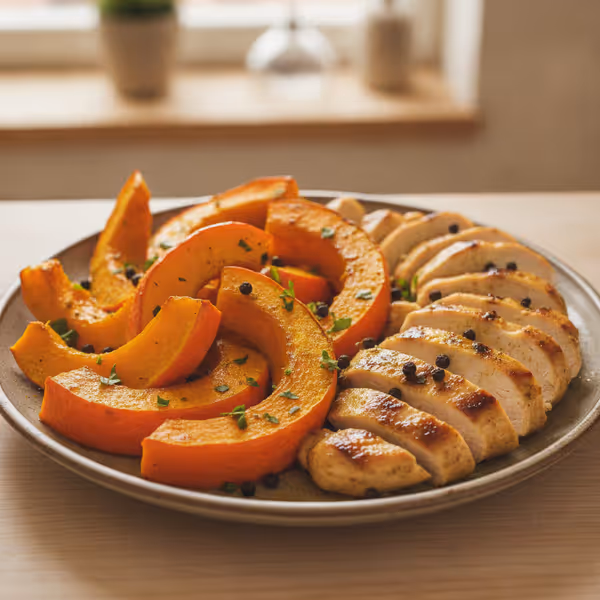Gajos de calabaza asada con pechuga de pollo marinada, ya emplatado