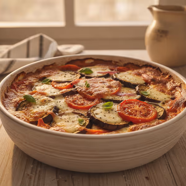 Gratén de berenjena con mozzarella y tomate, ya emplatado