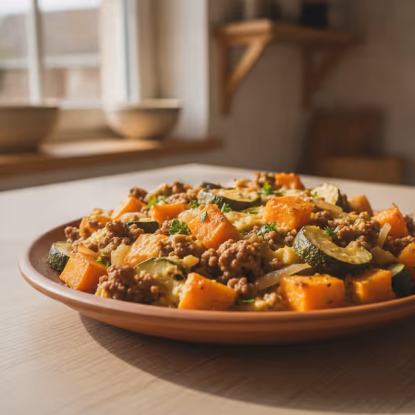 Gratinado de calabaza, calabacín y carne picada, ya emplatado