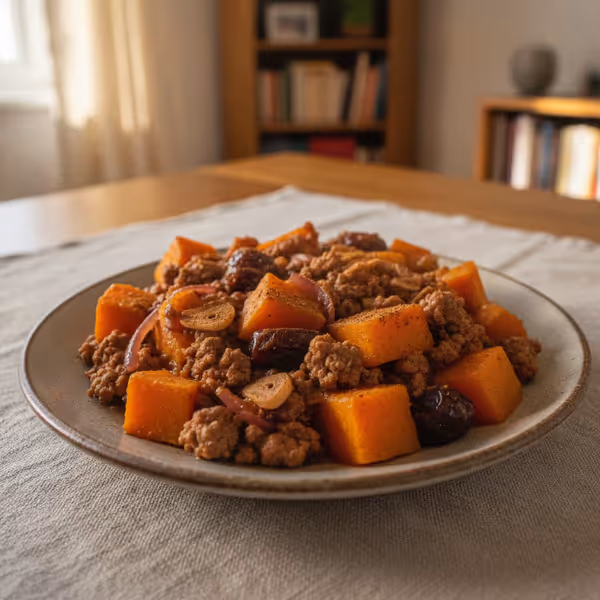 Gratinado de calabaza y carne picada con dátiles y un toque de canela, ya emplatado