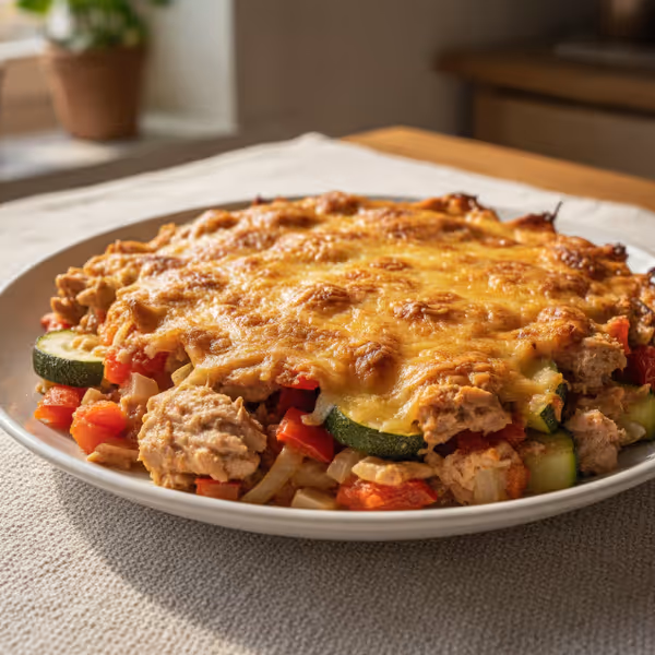 Gratinado de atún con costra de queso, ya emplatado