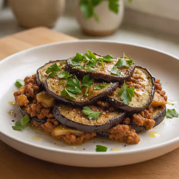 Gratinado de berenjena con carne picada, ya emplatado