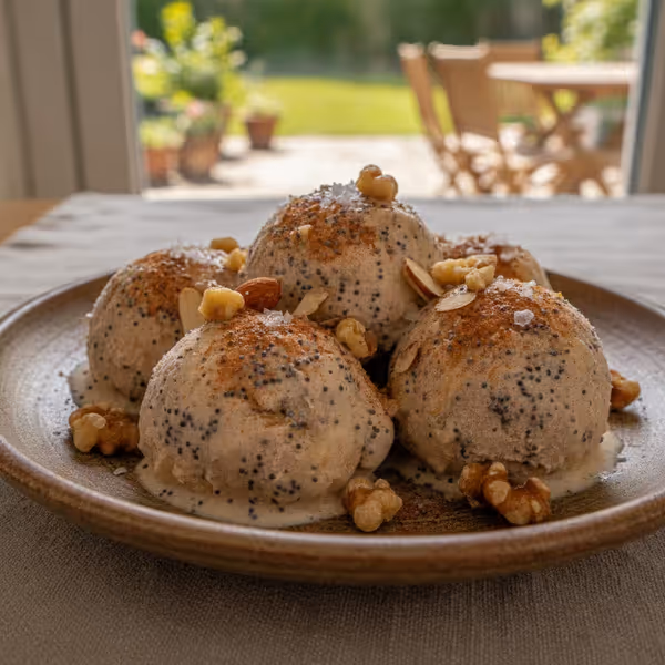 Helado de amapola, nueces y canela, ya emplatado
