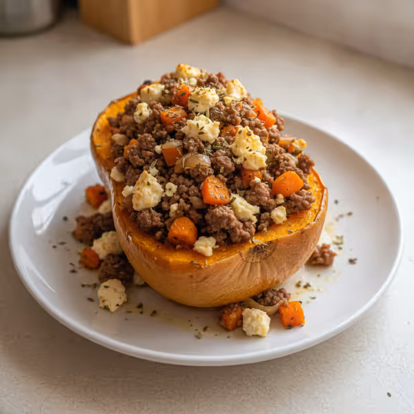 Kumpir de calabaza con relleno de carne picada, feta y verduras, ya emplatado