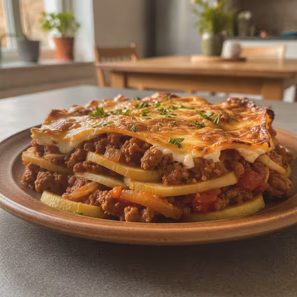 Lasaña de colinabo con carne picada, ya emplatado