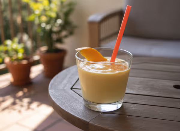 Lassi de mango con bebida de soja, ya emplatado