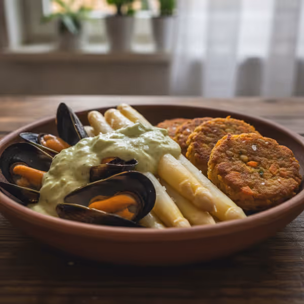 Mudeln de zanahoria con espárragos, hamburguesas de lentejas y nata agria de lima, ya emplatado