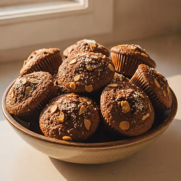 Muffins de chocolate sin harina con arándanos, ya emplatado