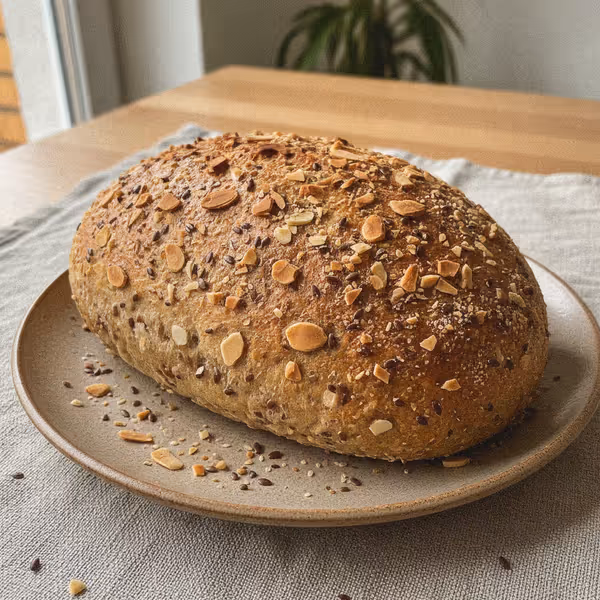 Pan de quark y linaza con costra de almendras, ya emplatado