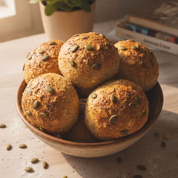 Panecillos de quark y pipas de calabaza, ya emplatado