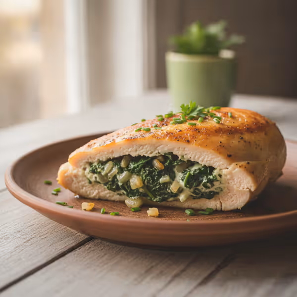 Pechuga de pollo rellena de espinacas, ya emplatado