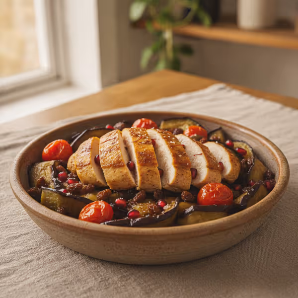 Pechuga de pollo oriental con berenjenas, tomate y granada, ya emplatado