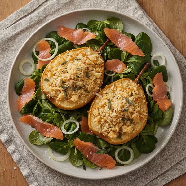 Peras gratinadas con canónigos y salmón ahumado, ya emplatado