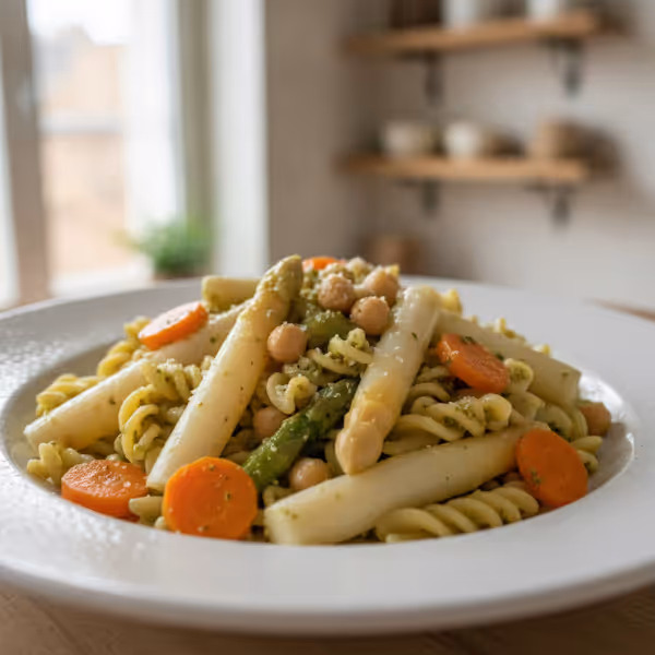 Pesto de garbanzos y albahaca con espárragos y mudeln de zanahoria, ya emplatado