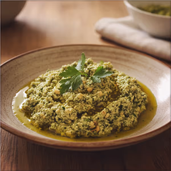 Pesto de limón y cacahuete, ya emplatado
