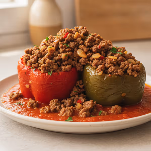 Pimientos rellenos de carne picada y feta, ya emplatado