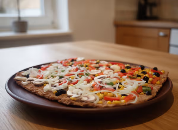 Pizza con base de atún, ya emplatado