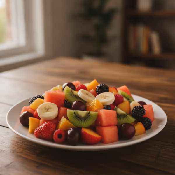 Pizza de sandía con ensalada de frutas de colores, ya emplatado