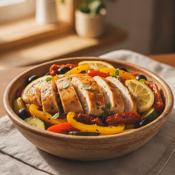 Pollo al limón con verduras mediterráneas, ya emplatado