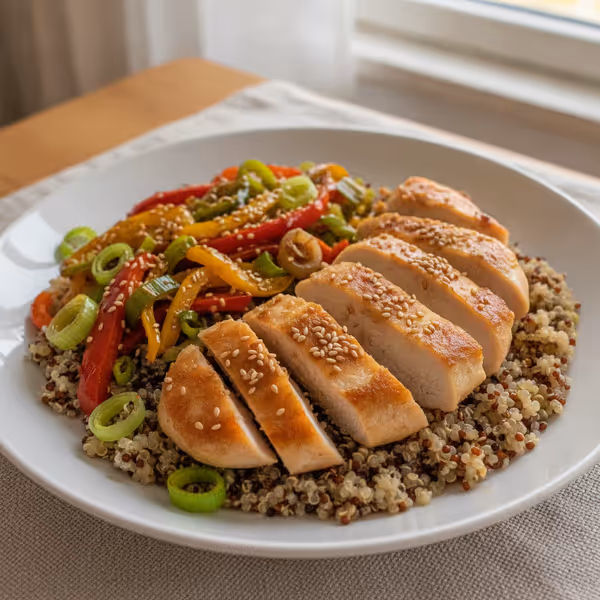 Pollo al sésamo con quinoa y verduras, ya emplatado