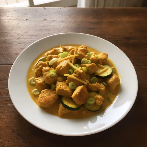 Pollo asiático en leche de coco, ya emplatado