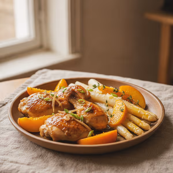 Pollo con soja y jengibre, espárragos al horno y melocotón, ya emplatado