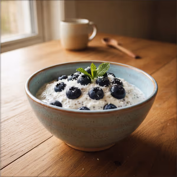 Postre de leche de coco, yogur y arándanos en vaso, ya emplatado