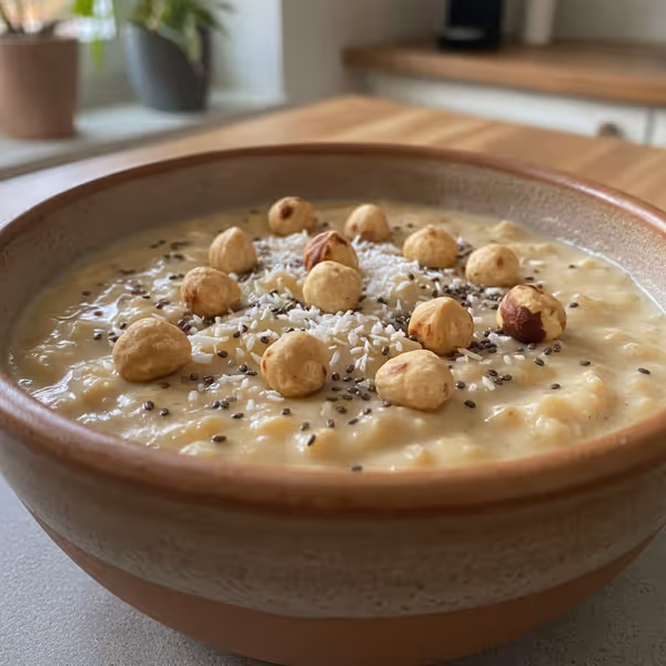 Pudding de plátano, avellanas y coco, ya emplatado