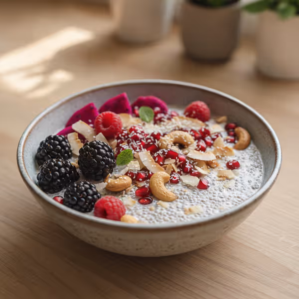 Pudin de chía con leche de avena y coco, ya emplatado