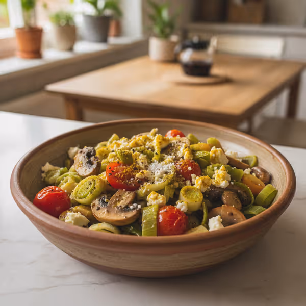 Puerro salteado de primavera con feta y champiñones, ya emplatado