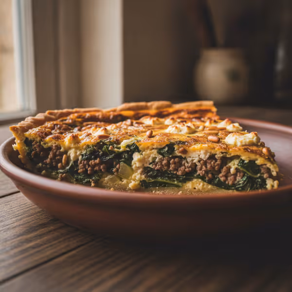 Quiche Low Carb de Acelgas, Carne Picada y Queso Feta, ya emplatado