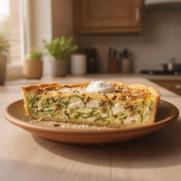 Quiche low carb de queso feta y calabacín, ya emplatado