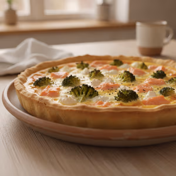 Quiche sin masa de brócoli y salmón ahumado, ya emplatado
