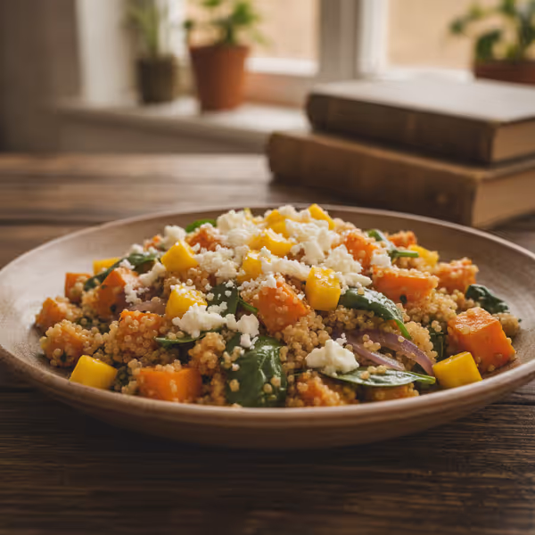 Quinoa con calabaza, queso feta y mango, ya emplatado