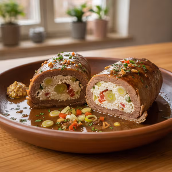 Rollitos de ternera rellenos de queso feta, ya emplatado