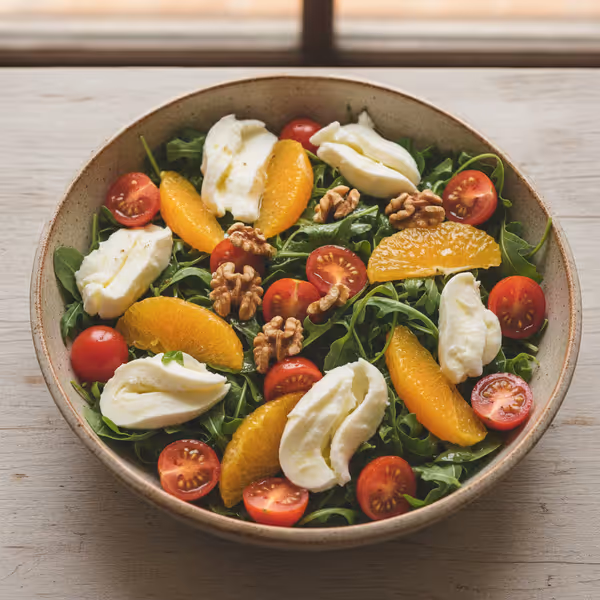 Rúcula con tomates, mozzarella, naranja y nueces, ya emplatado