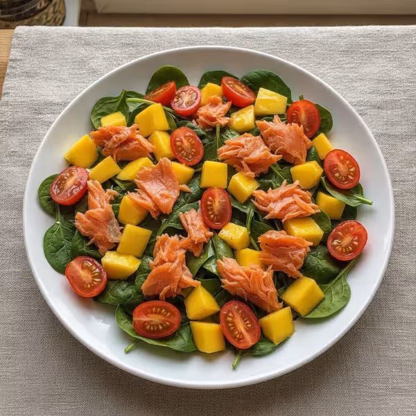 Salmón ahumado con mango y tomate sobre espinacas baby