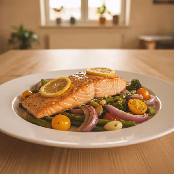 Salmón al horno sobre verduras, ya emplatado
