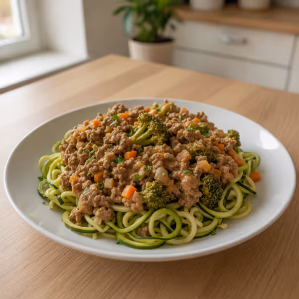 Salsa de brócoli y carne picada para espaguetis de calabacín, ya emplatado