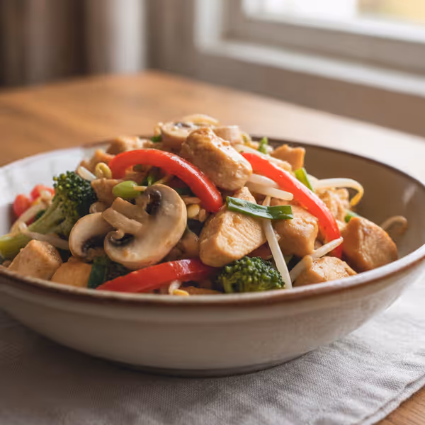 Salteado asiático de verduras con pollo, ya emplatado