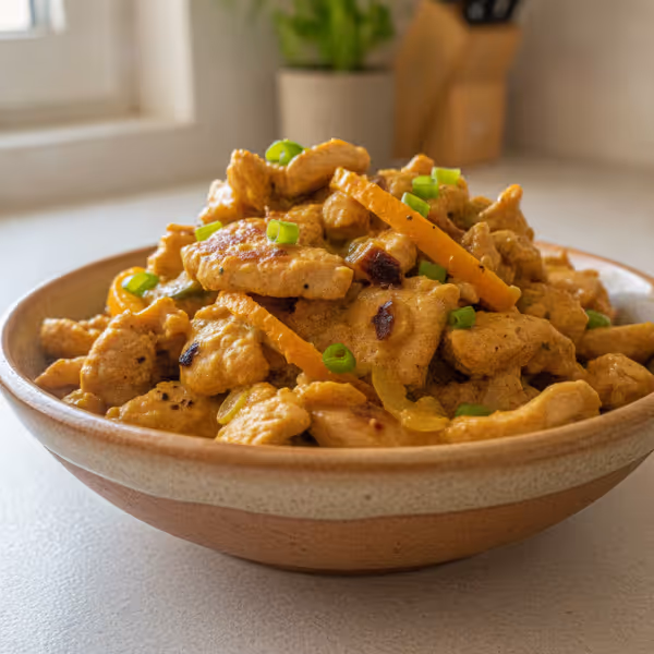Salteado de pavo en salsa de naranja y curry, ya emplatado