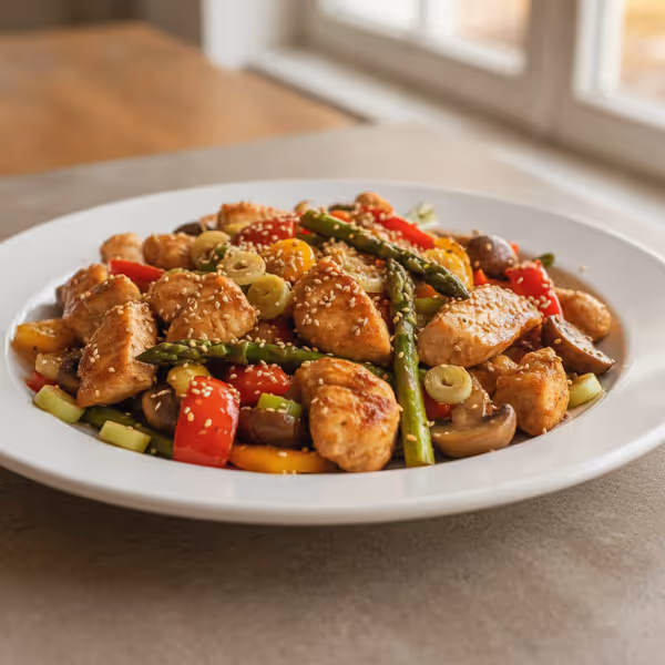 Salteado de pollo y verduras con salsa de sésamo, ya emplatado